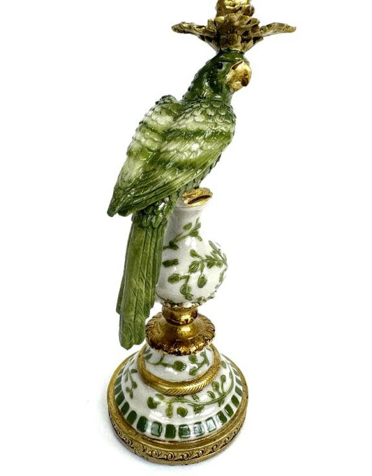 Antiqued Ornate Green/White Parrot Candle Holder