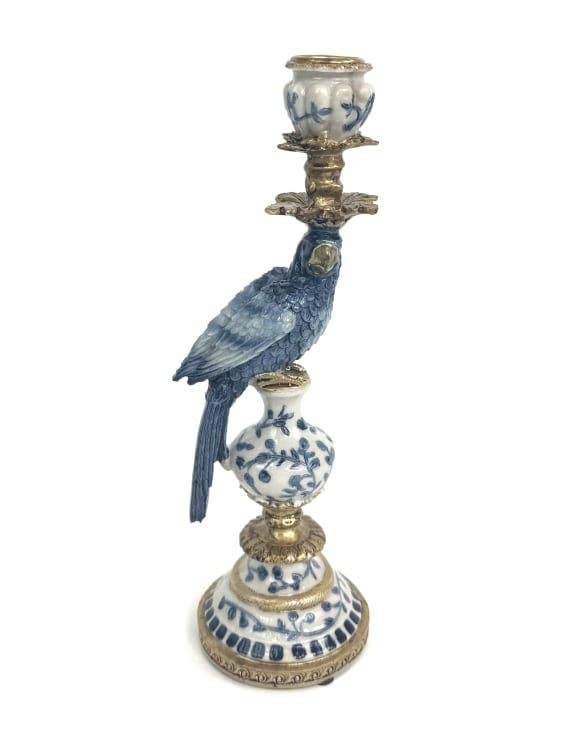 Antiqued Ornate Blue/White Parrot Candle Holder