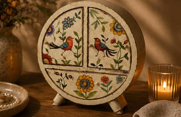 Round Wooden Folksy Hand Painted Jewellery Chest