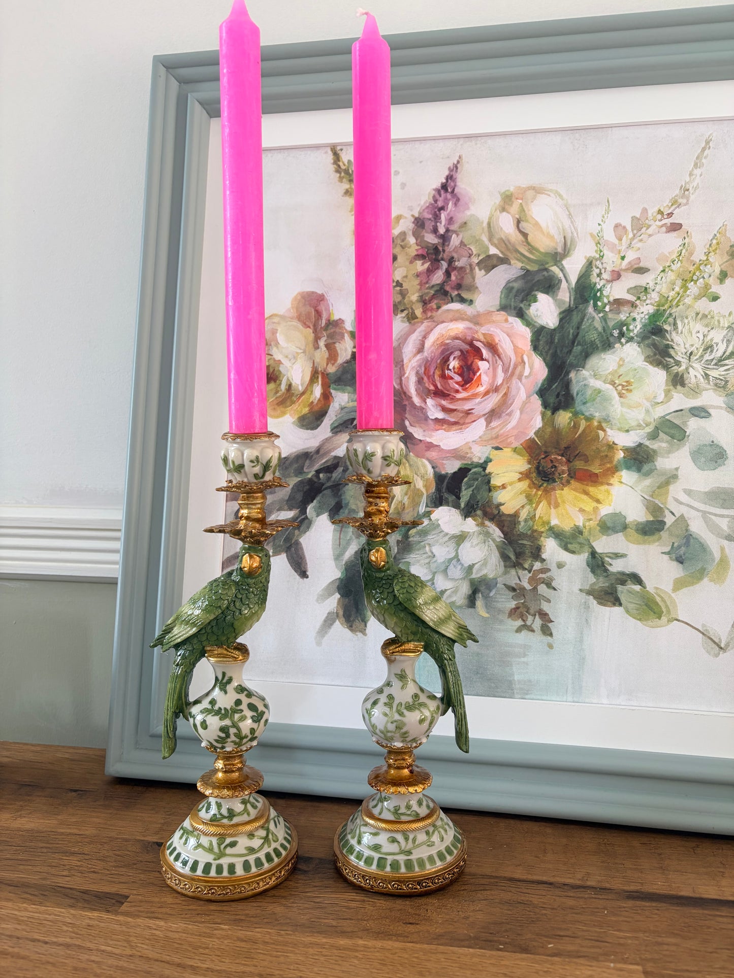 Hollywood Regency Green and white parrot candlestick pair