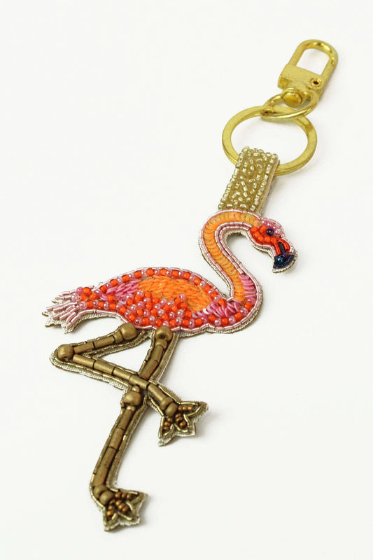 PINK FLAMINGO BEADED KEYRING