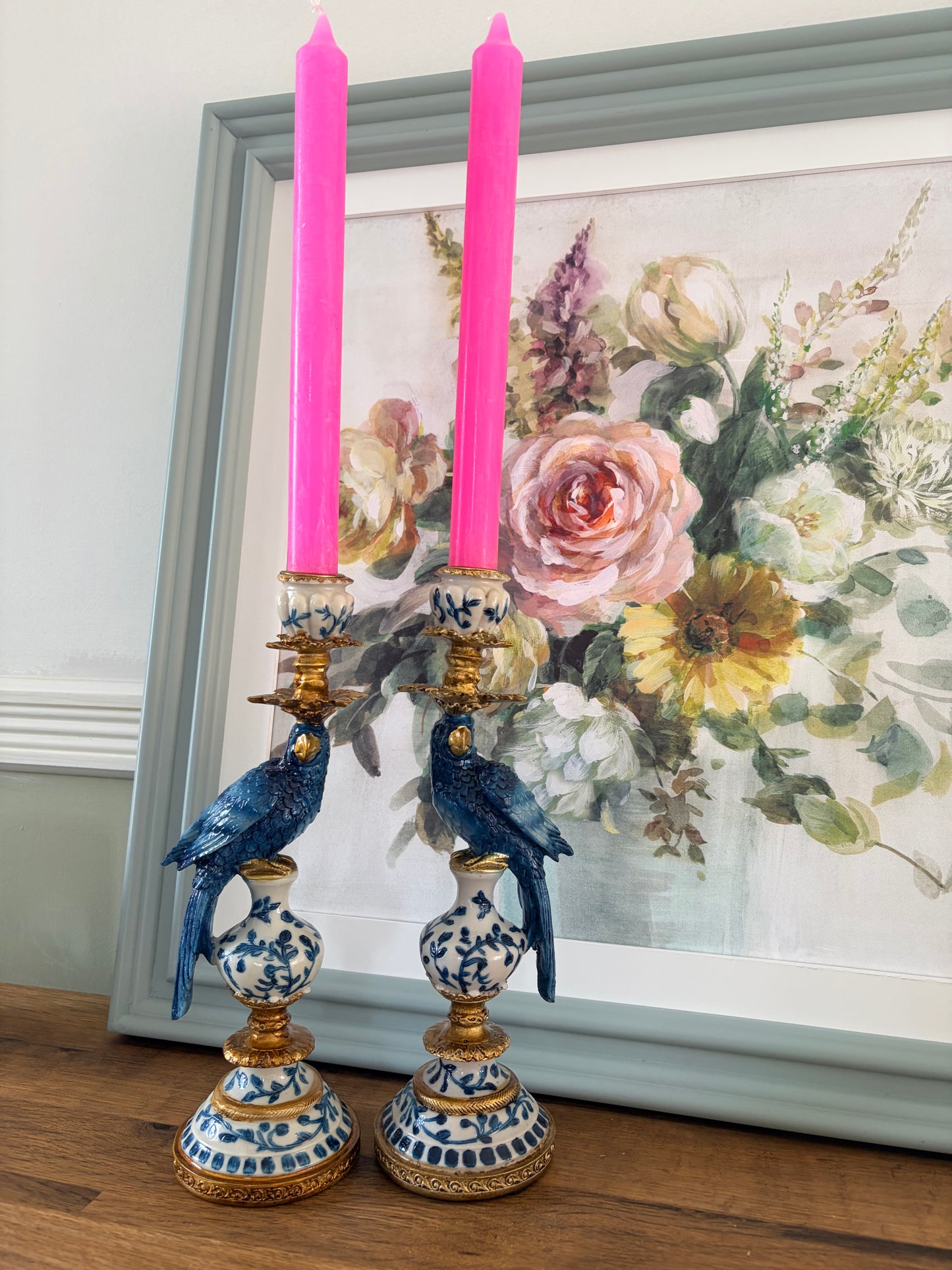 Hollywood Regency blue and white parrot candlestick pair