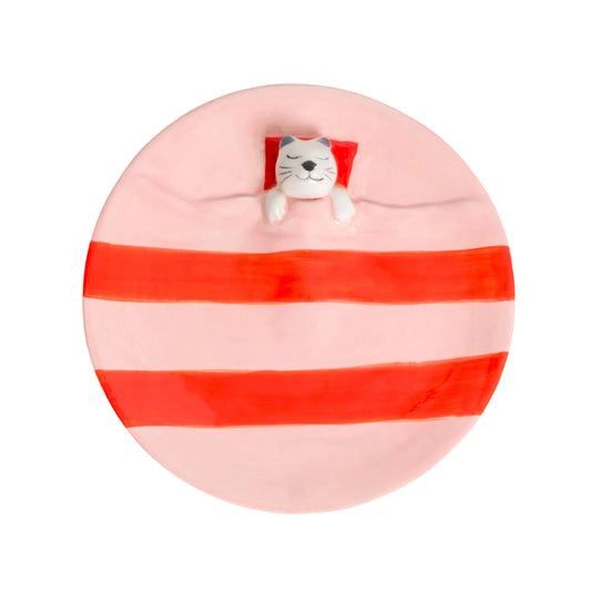 Napping cat trinket tray - pink stripes