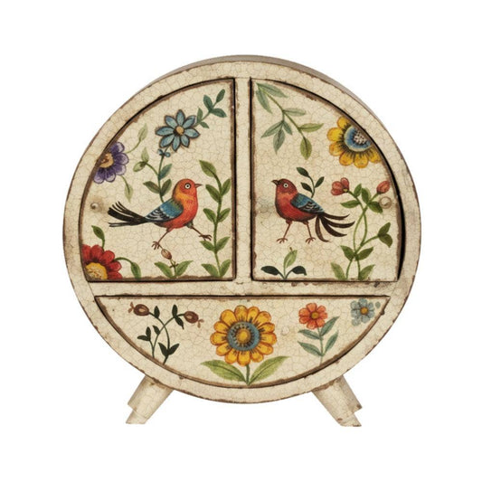 Round Wooden Folksy Hand Painted Jewellery Chest