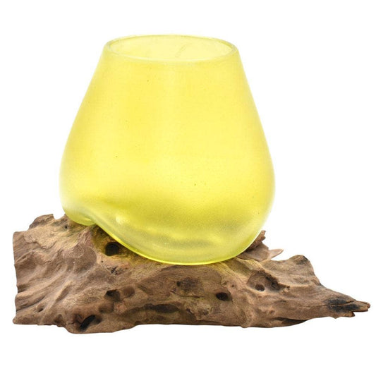 Shaped Yellow Bowl on Wood, Recycled Glass Approx 17-21cm