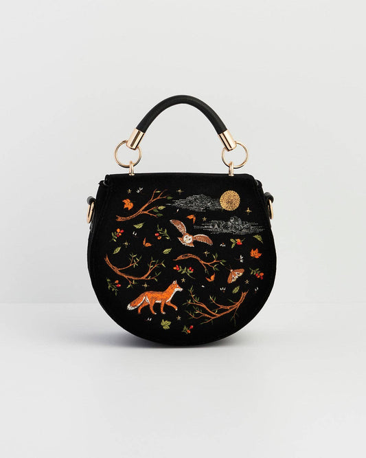 Fox & Owl Embroidered Black Top Handle Saddle Bag