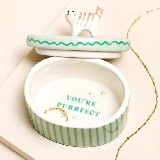 Green Oval Ceramic Cat Trinket Pot