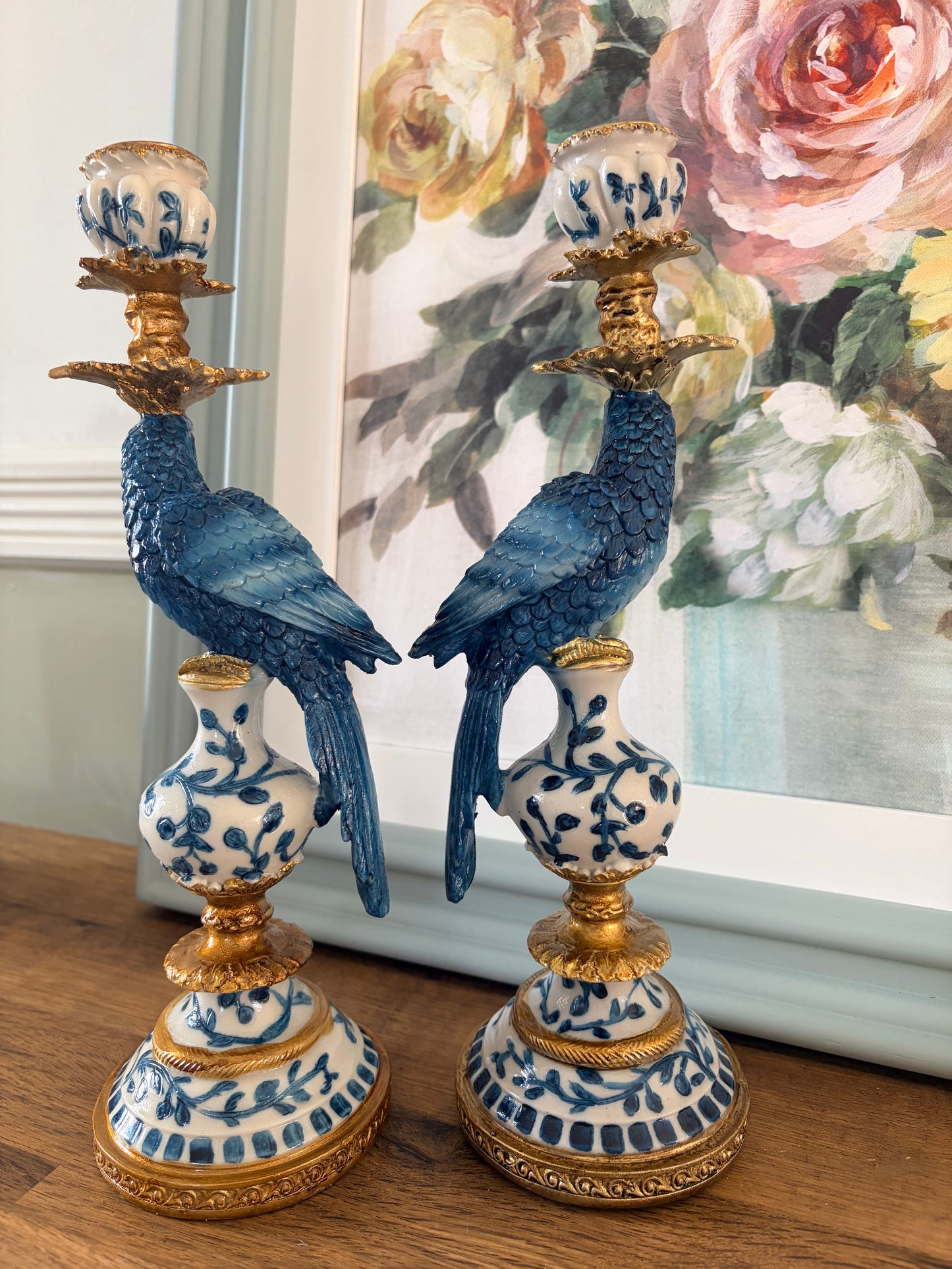 Hollywood Regency blue and white parrot candlestick pair