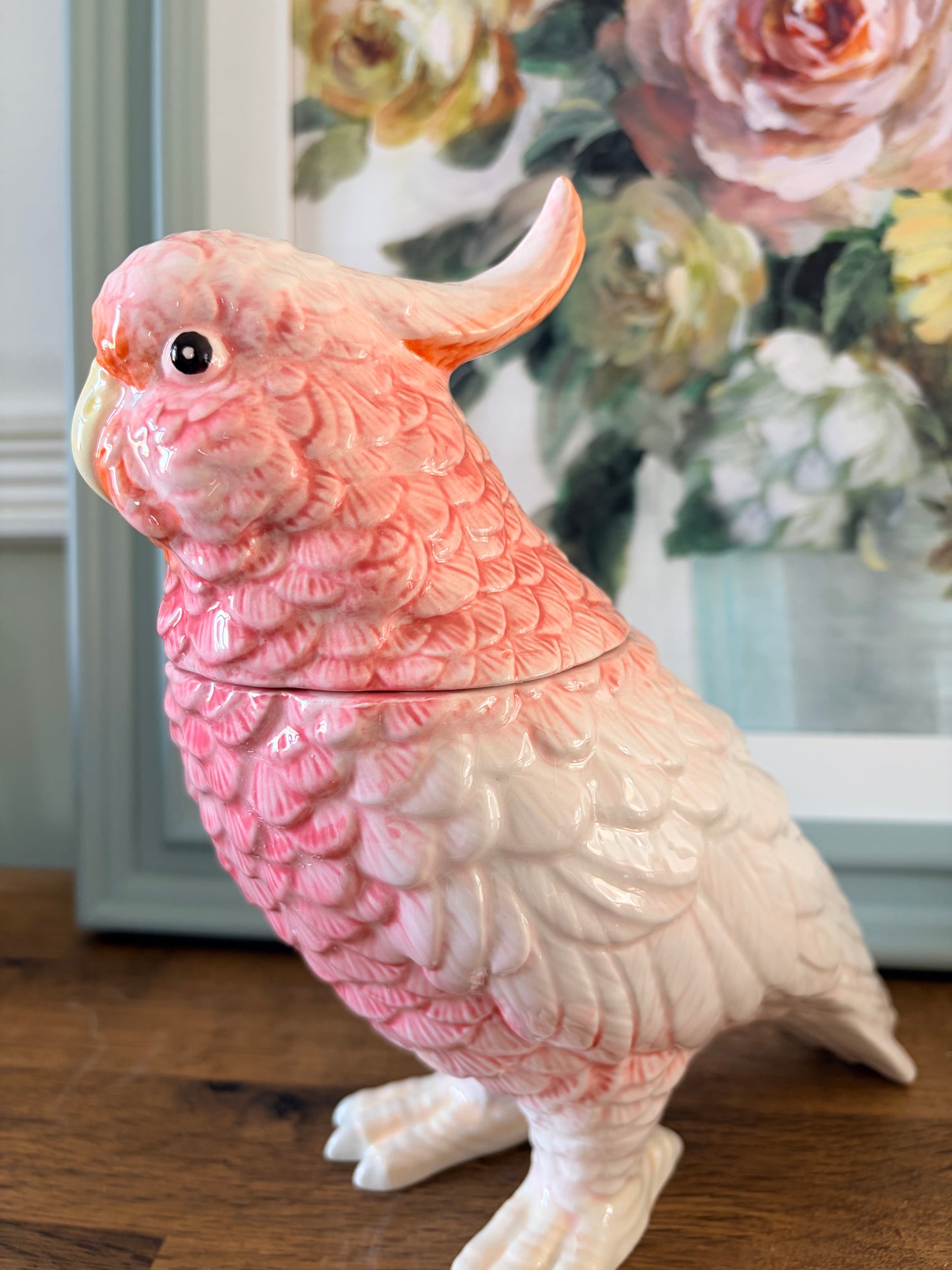 Pink & White Ceramic Parrot Storage Jar/Vase