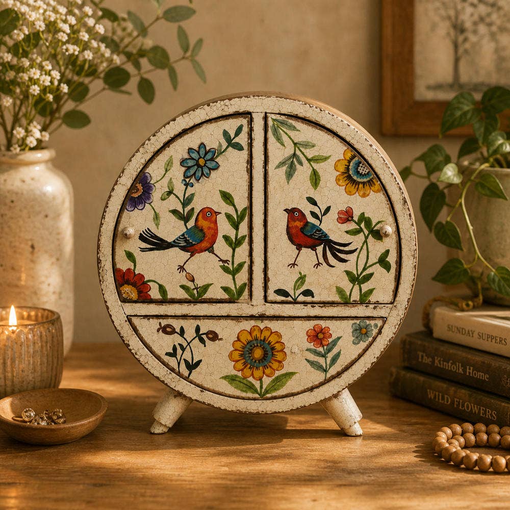 Round Wooden Folksy Hand Painted Jewellery Chest