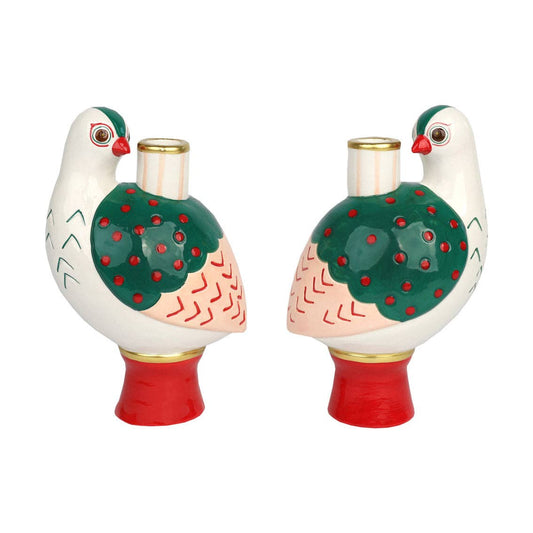 Hand-Painted Bird Ceramic Candle Holder Pair
