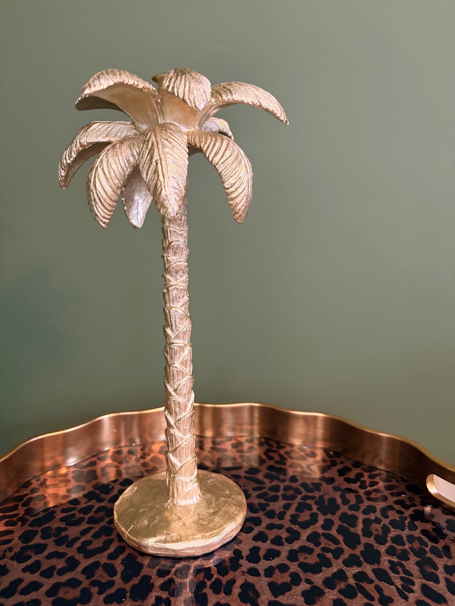 Antique gold palm tree candle holder