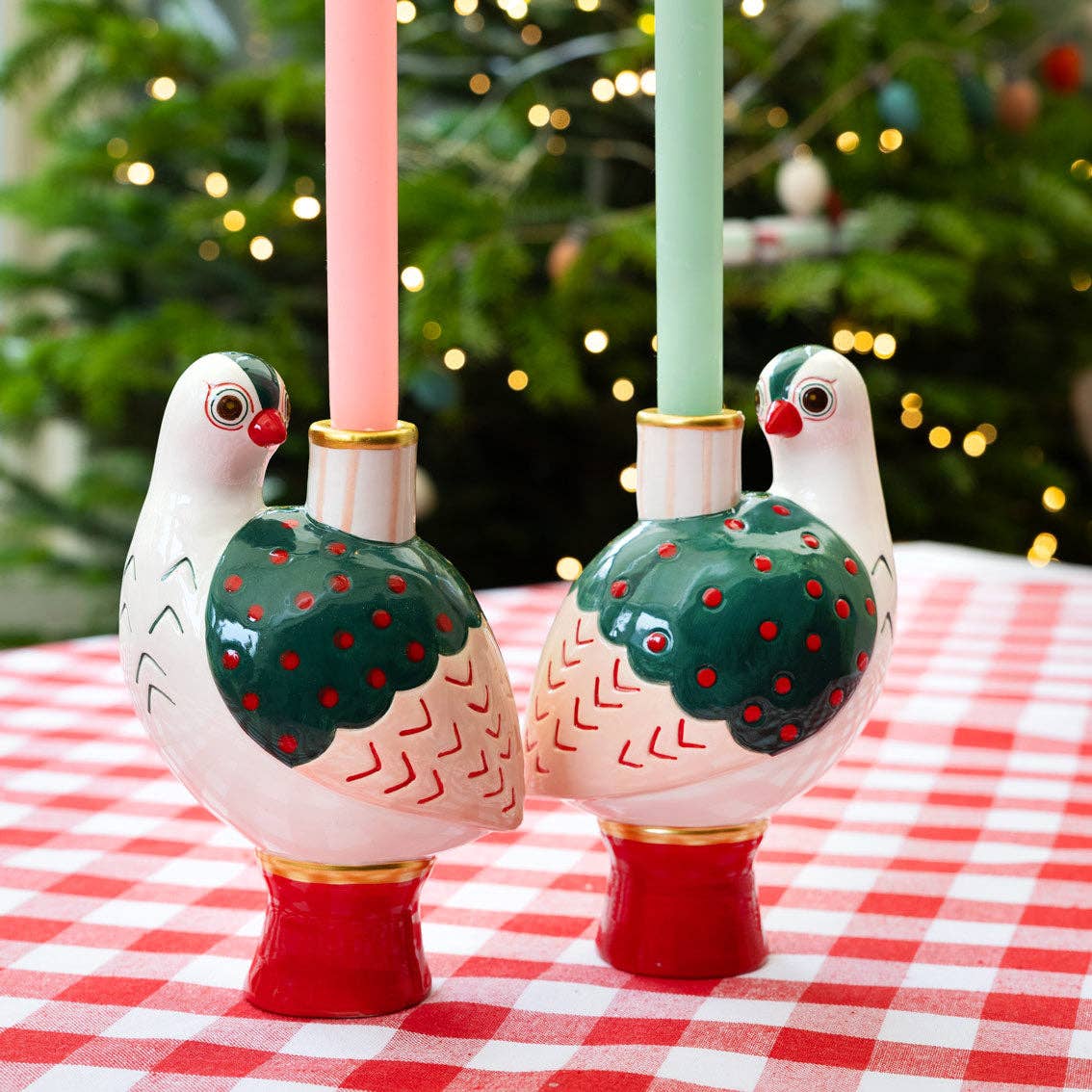 Hand-Painted Bird Ceramic Candle Holder Pair