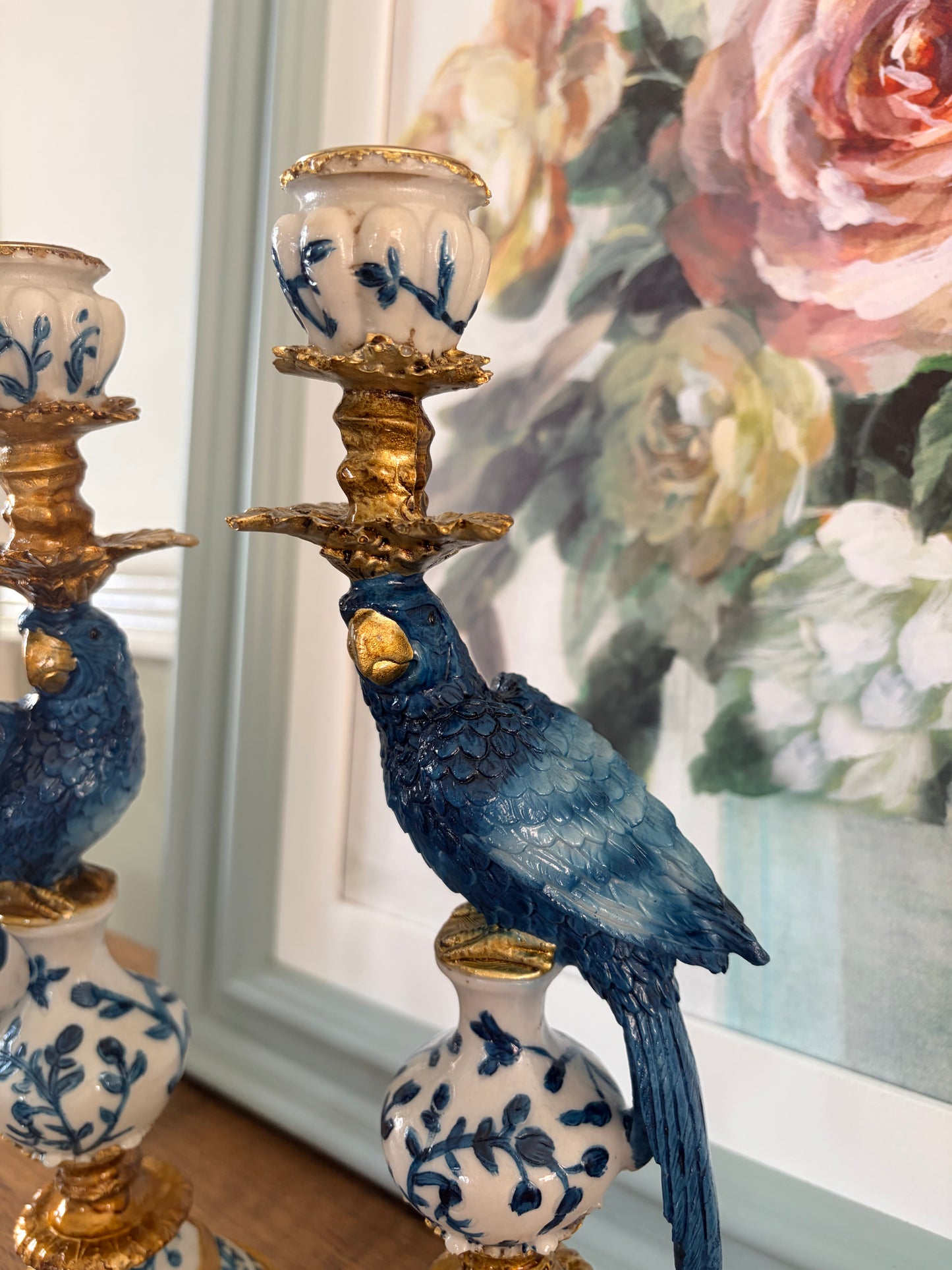 Hollywood Regency blue and white parrot candlestick pair