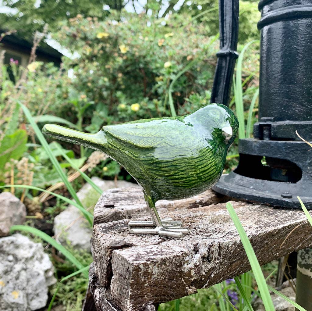 Brushed aluminium and enamelled birds 12.5 cm