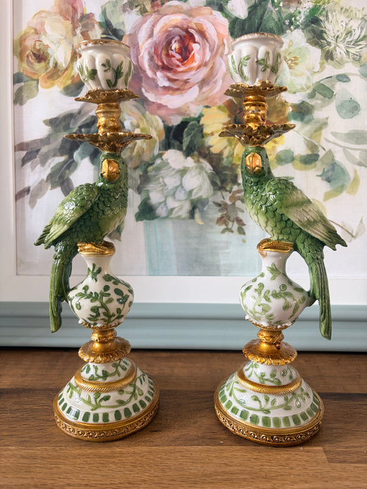 Hollywood Regency Green and white parrot candlestick pair