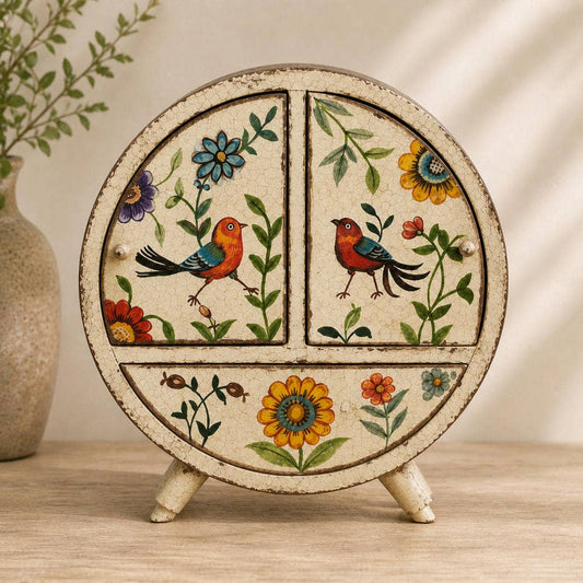 Round Wooden Folksy Hand Painted Jewellery Chest