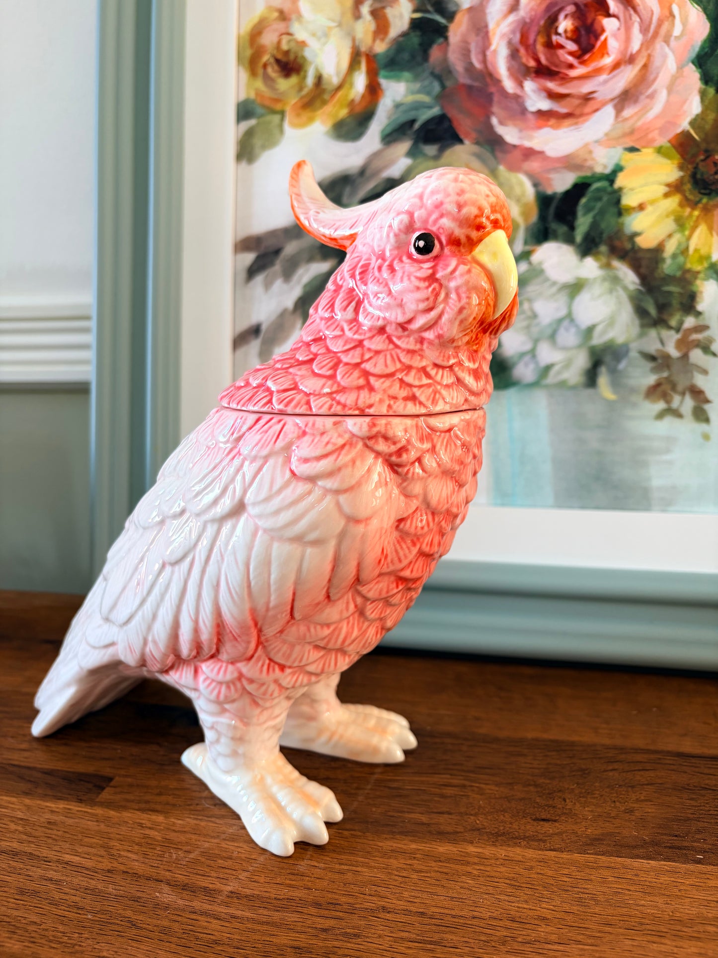 Pink & White Ceramic Parrot Storage Jar/Vase