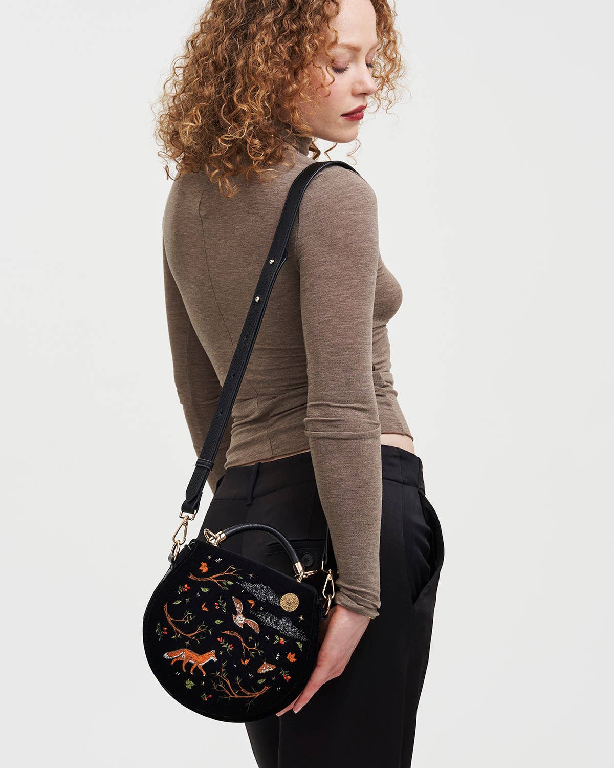 Fox & Owl Embroidered Black Top Handle Saddle Bag