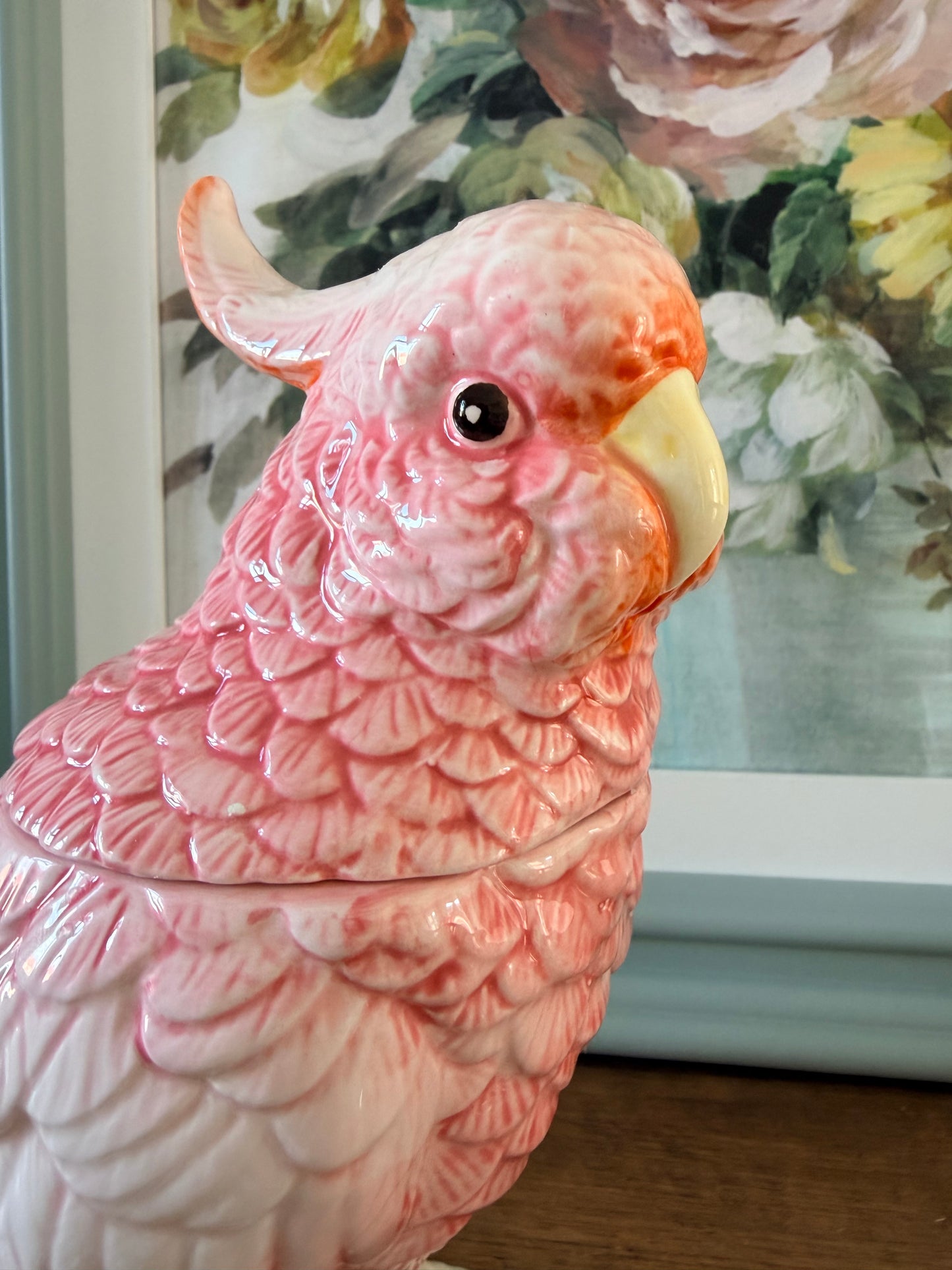 Pink & White Ceramic Parrot Storage Jar/Vase