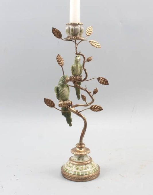 Antiqued Ornate Branch Green/Gold Parrot Candle Holder