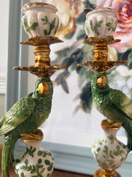 Hollywood Regency Green and white parrot candlestick pair