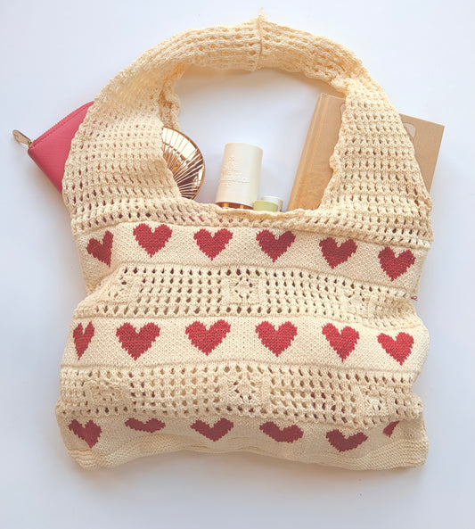 Heart knit slouch tote bag