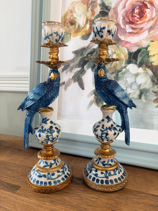 Hollywood Regency blue and white parrot candlestick pair
