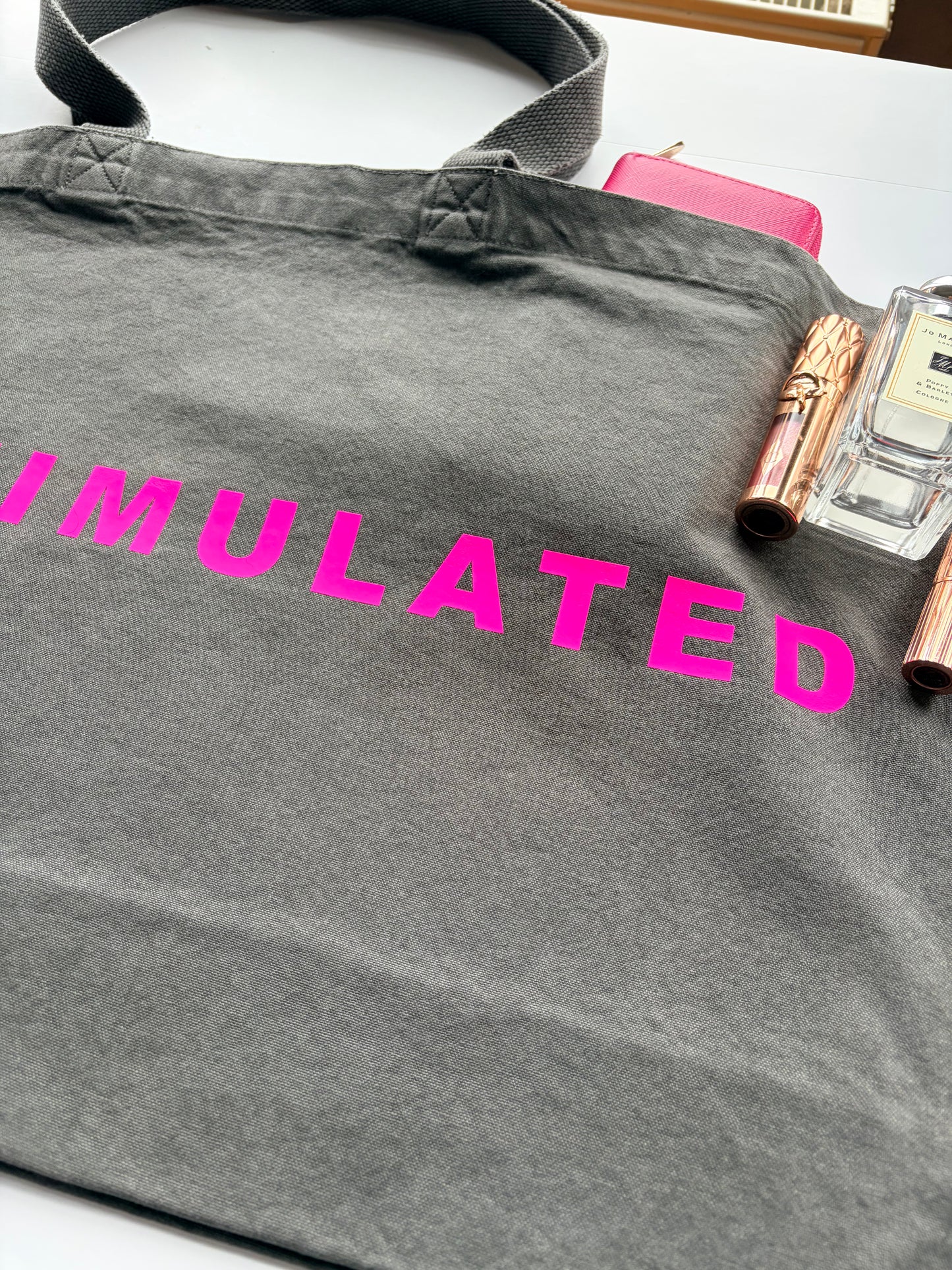 Oversized ‘overstimulated’ tote - charcoal and pink