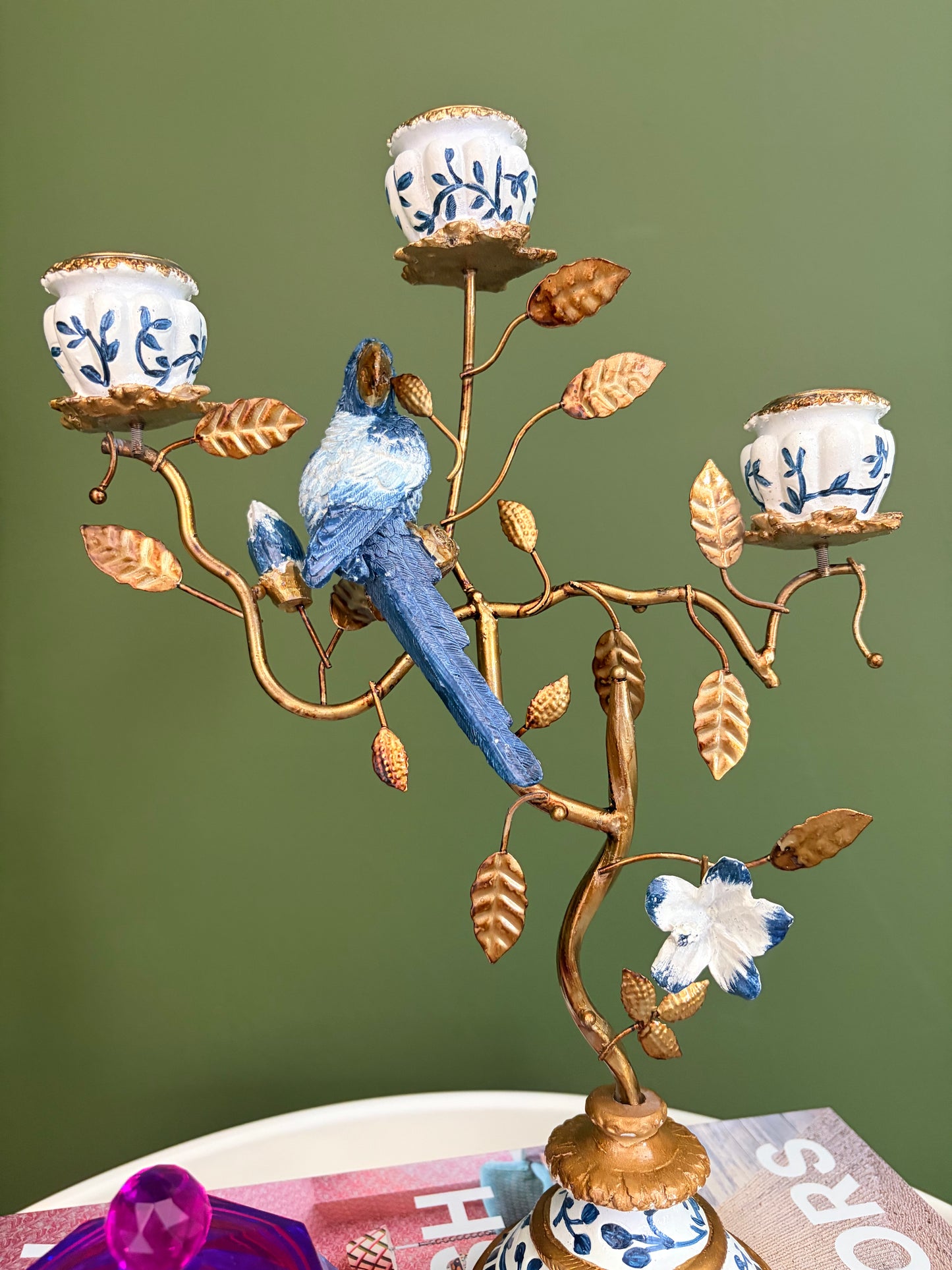 Delft-Inspired Blue Bird Triple Dinner Candle Holder