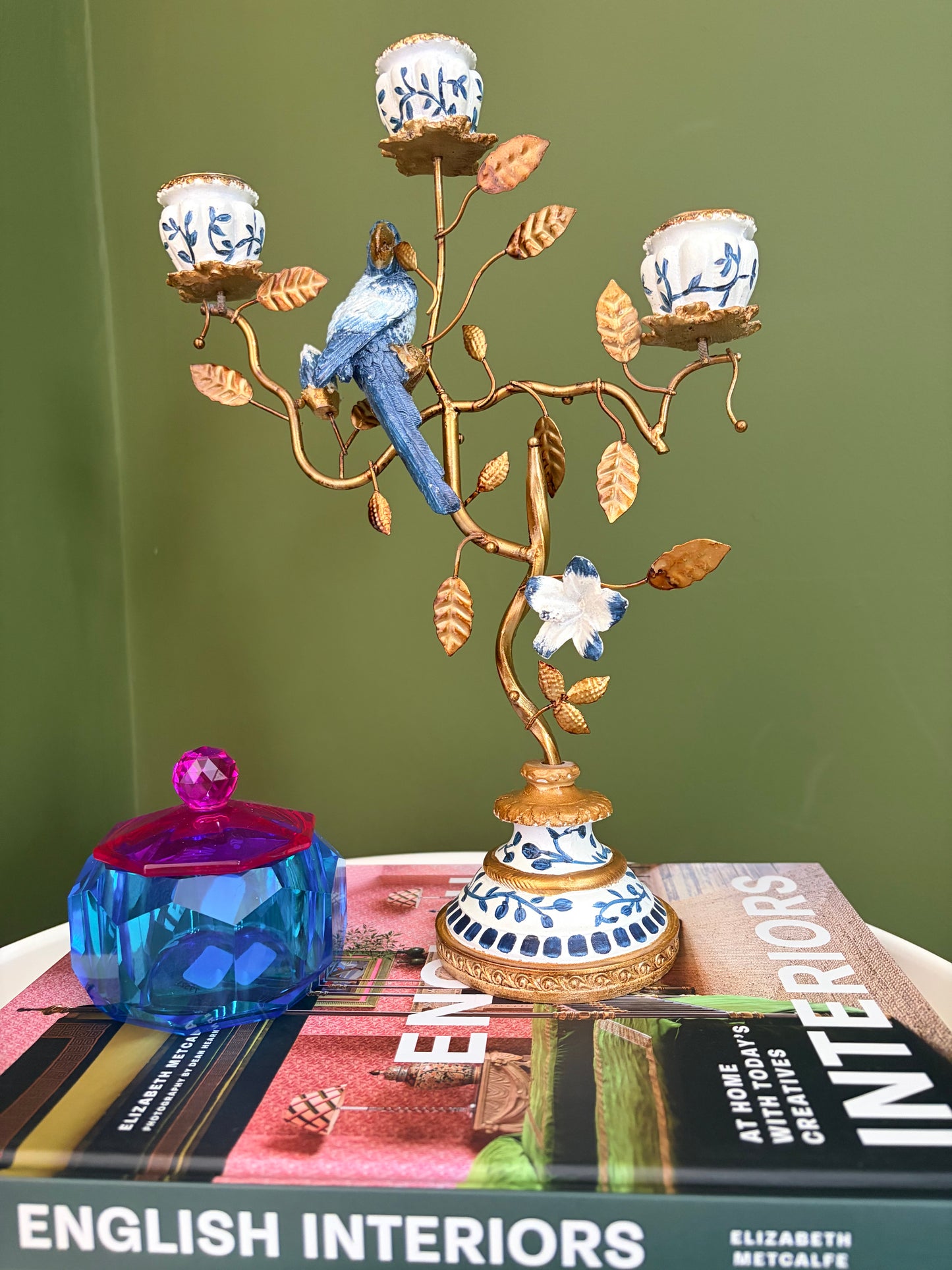 Delft-Inspired Blue Bird Triple Dinner Candle Holder