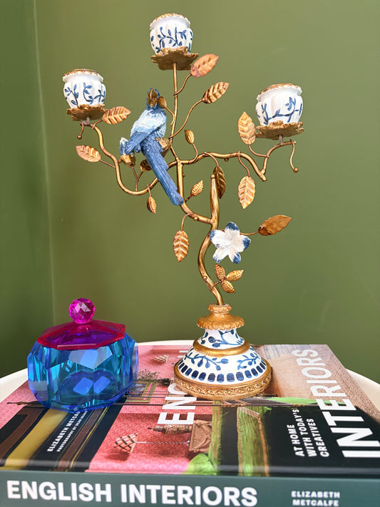 Delft-Inspired Blue Bird Triple Dinner Candle Holder