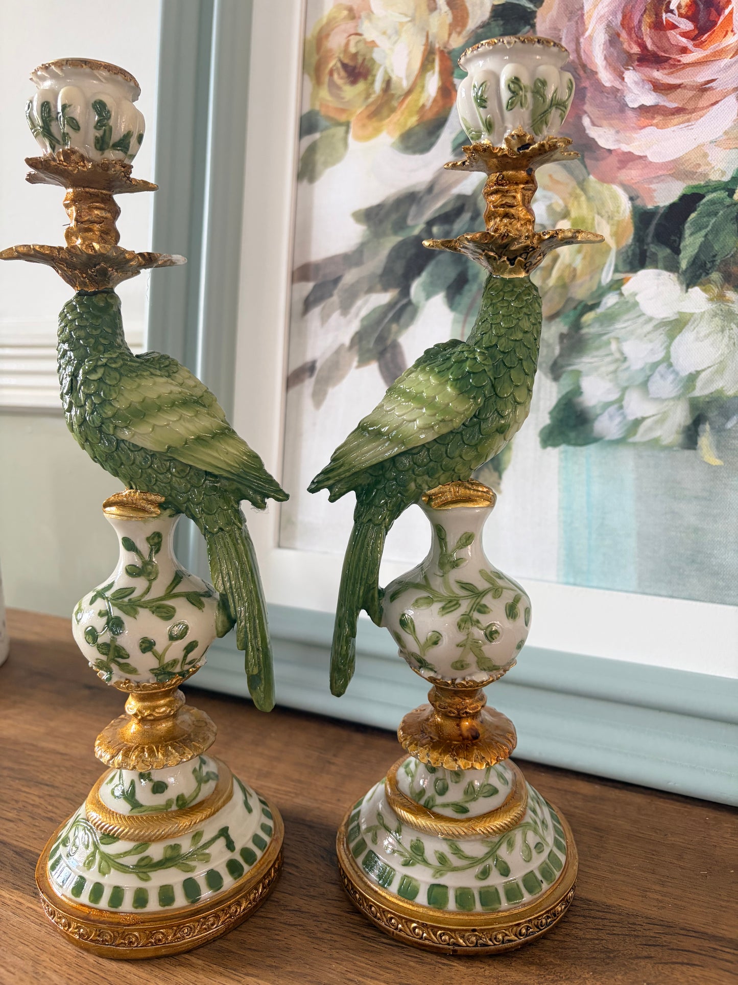 Hollywood Regency Green and white parrot candlestick pair