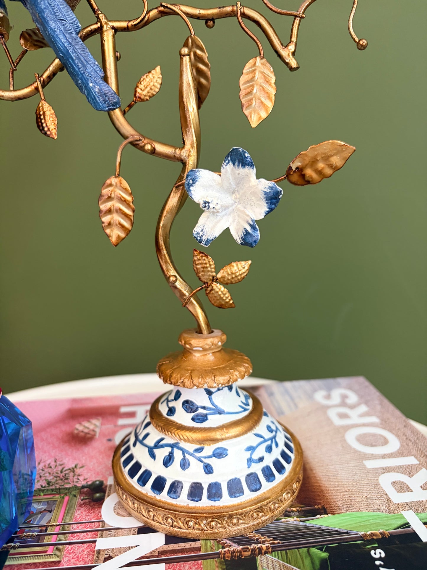 Delft-Inspired Blue Bird Triple Dinner Candle Holder