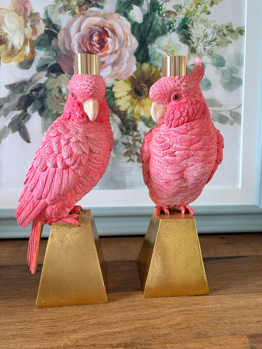 Pair of pink parrot candlestick holders