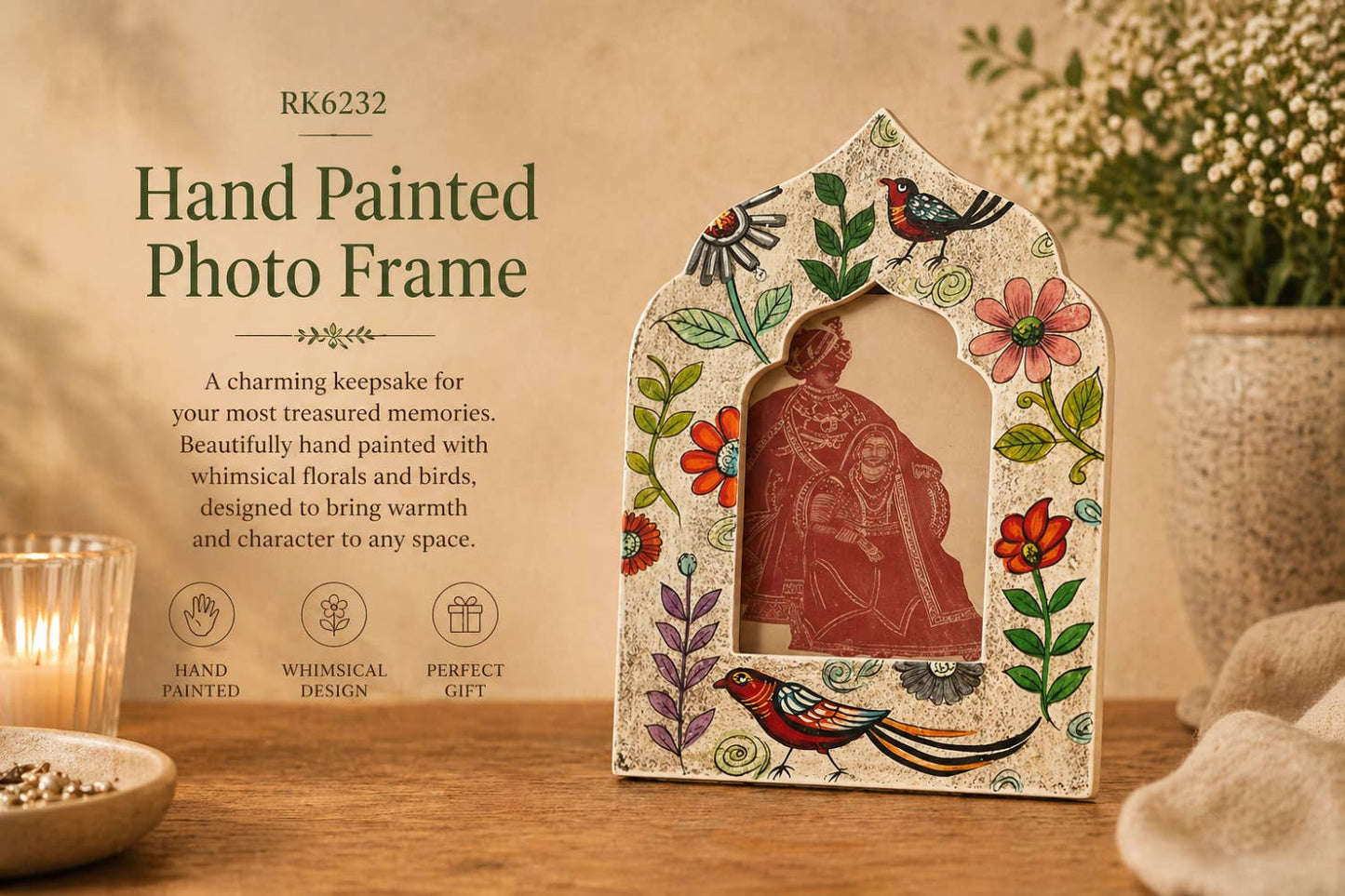 Hand Painted Wood Floral Arched Photo Frame