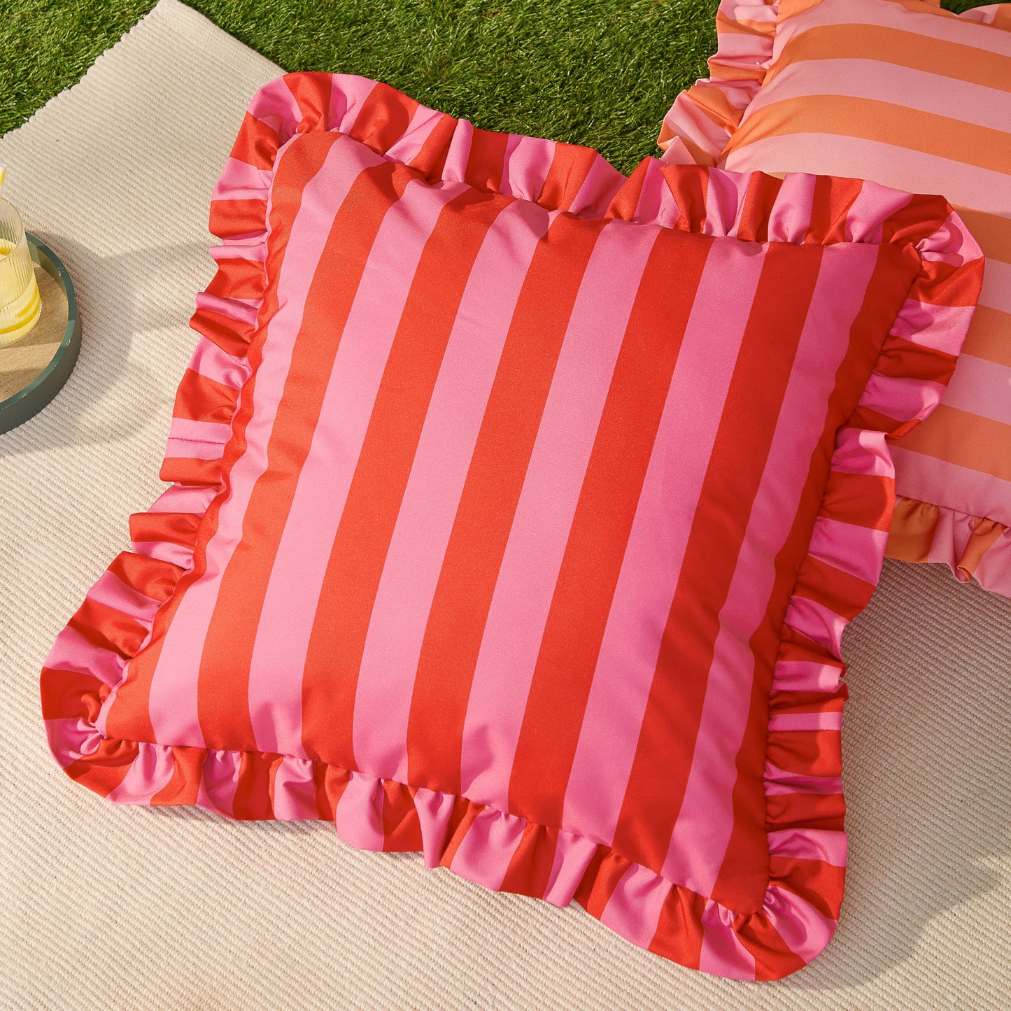 Palm Royale Stripe Ruffle Printed Outdoor Cushion Pink/Red