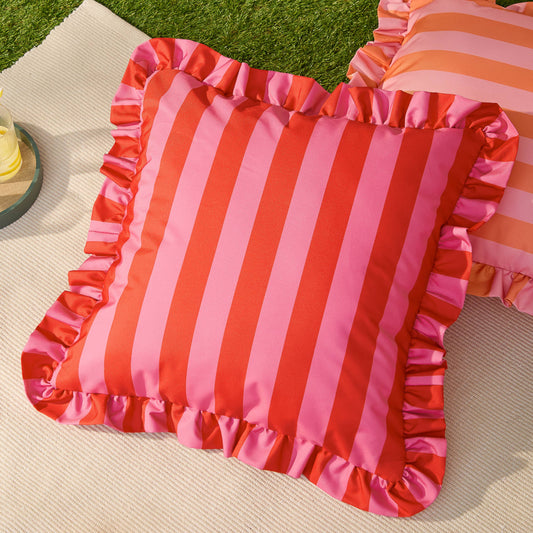 Palm Royale Stripe Ruffle Printed Outdoor Cushion Pink/Red