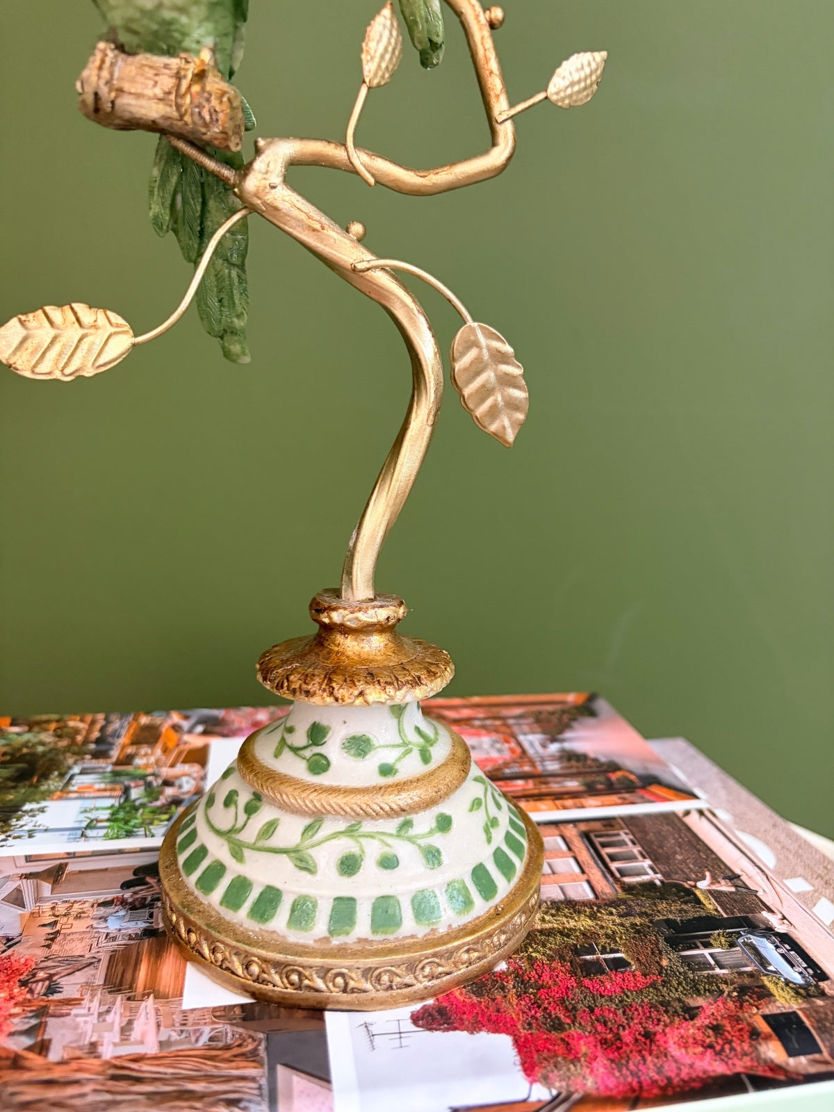 Green Parrot Candle Holder Gold Tropical Candlestick Hollywood Regency Décor