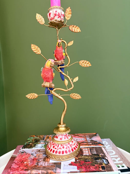 Red Parrot Candle Holder Gold Tropical Candlestick Hollywood Regency Décor