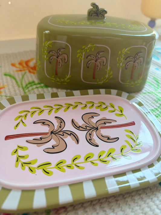 Palm Trees Olive Green Butter Dish