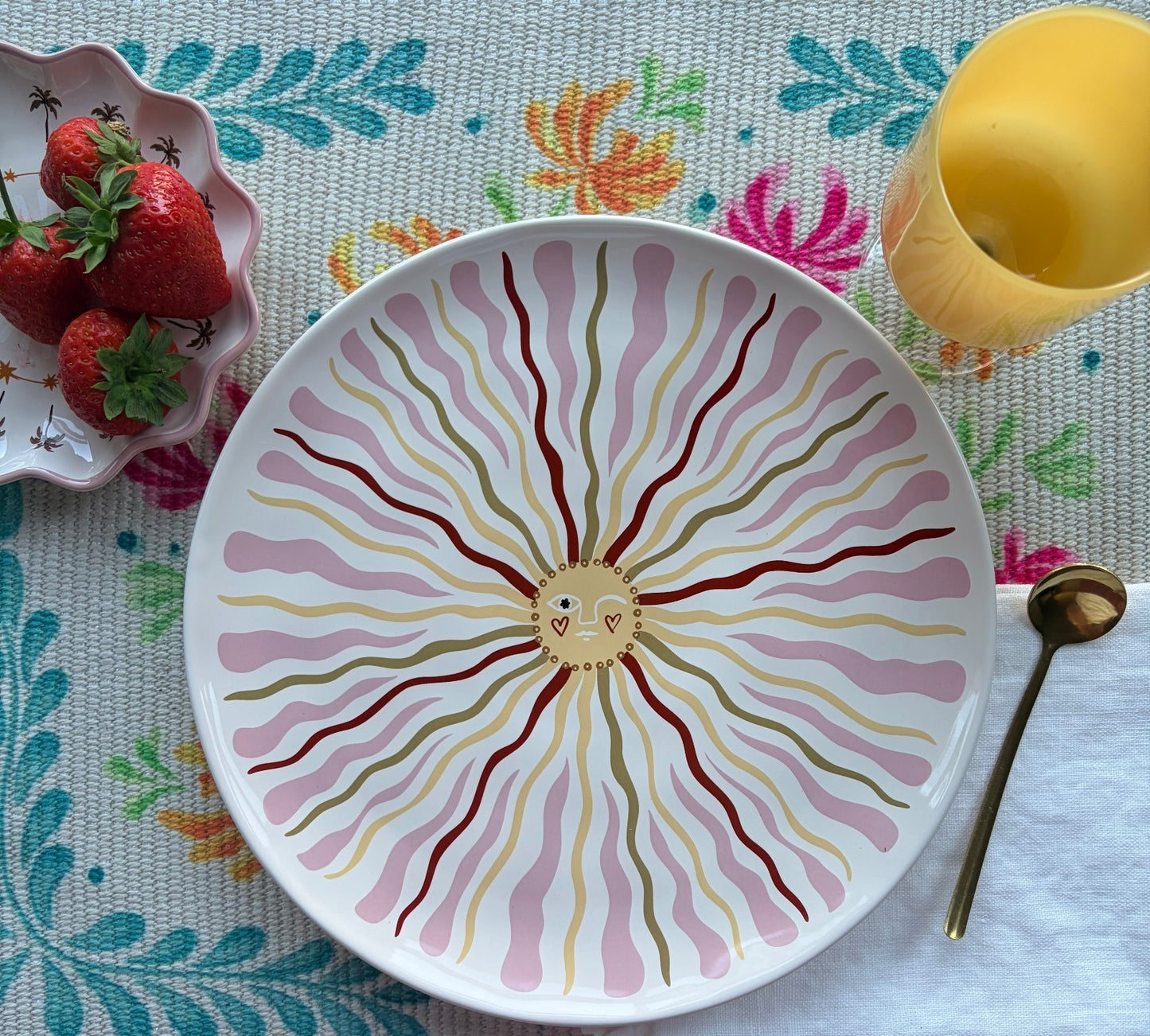 Pink Boho Sunshine Face Ceramic Dinner Plate Colourful Decorative Plate