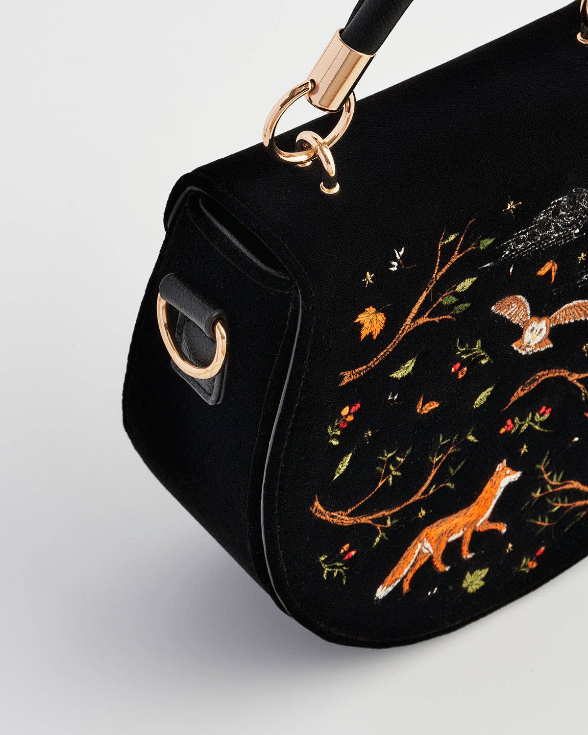 Fox & Owl Embroidered Black Top Handle Saddle Bag