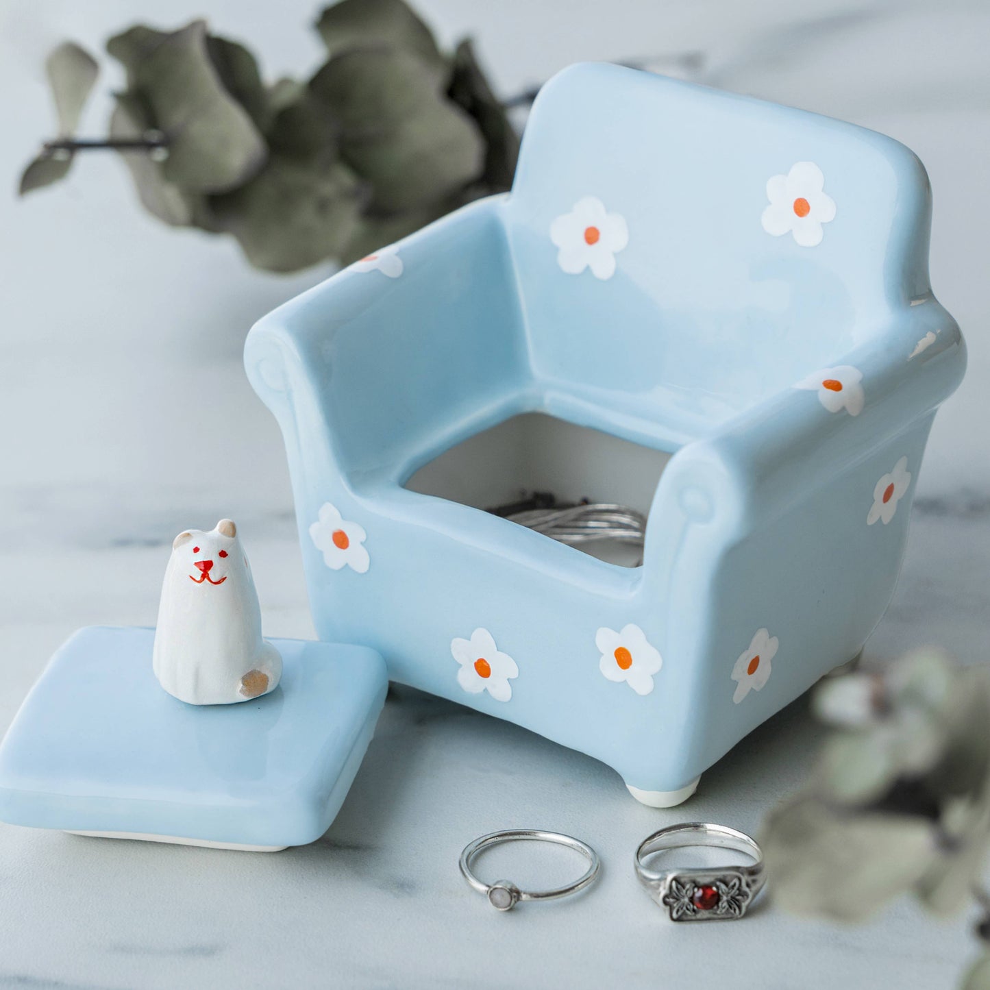 Cat in armchair floral trinket box