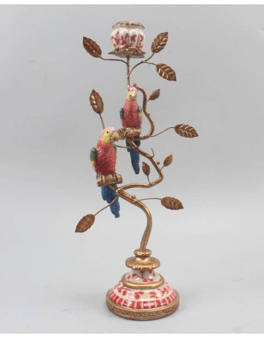 Antiqued Ornate Branch Red/Gold Parrot Candle Holder
