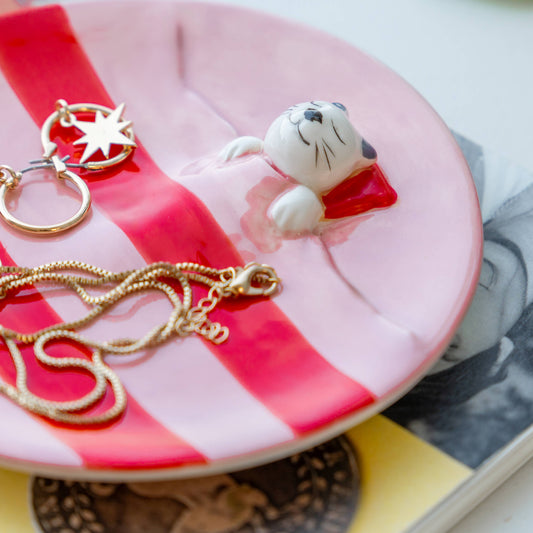 Napping cat trinket tray - pink stripes